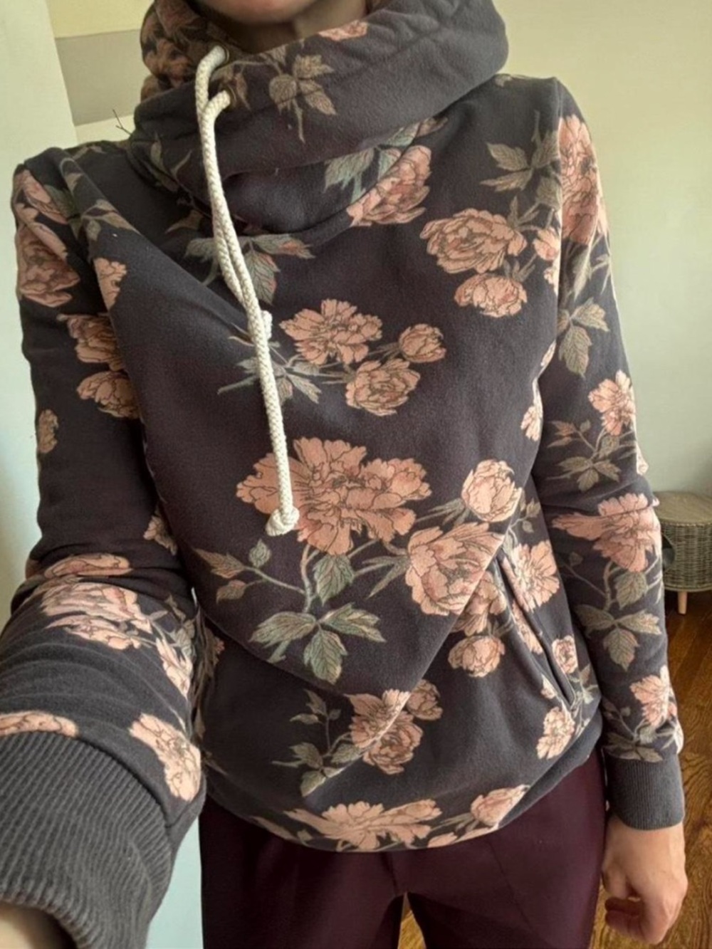 AMPERSAND AVE Black Hoodie with Pink Floral Accents
